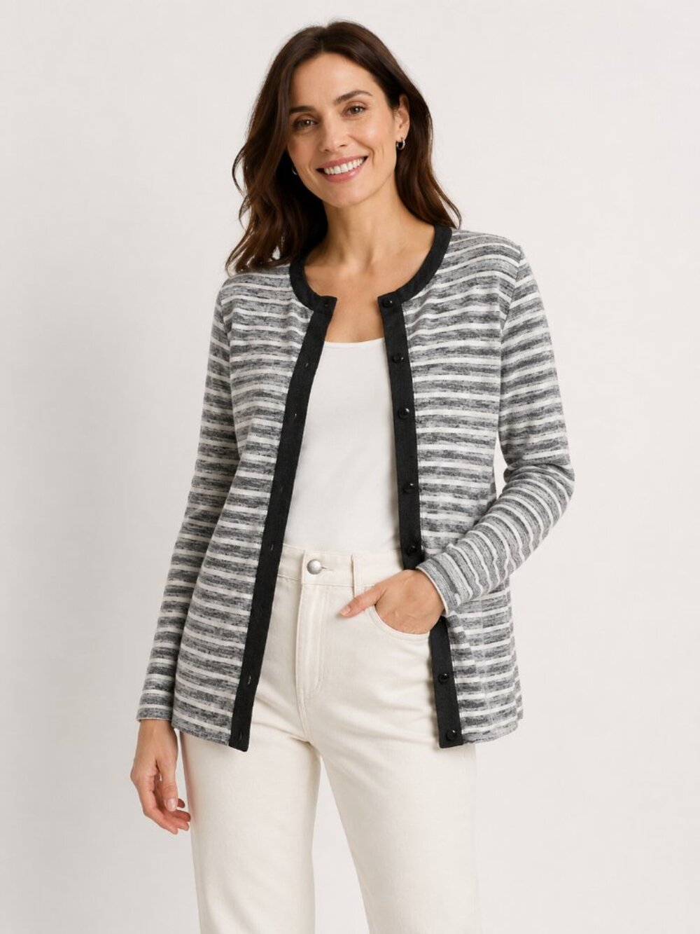 Bobeau Petite Striped Cardigan Black Trim Detail Size S